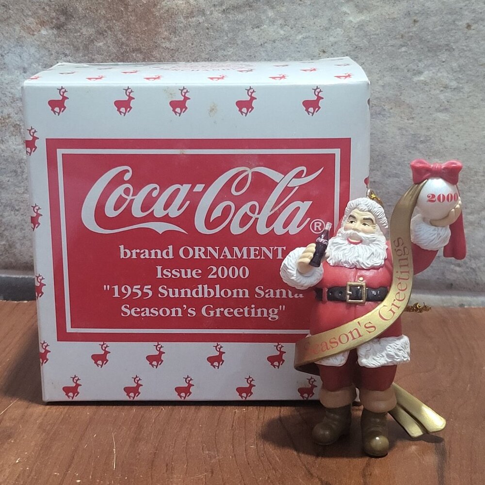 Coca Cola 1955 Sundblom Santa Seasons Greeting Brand Ornament Issue 2000